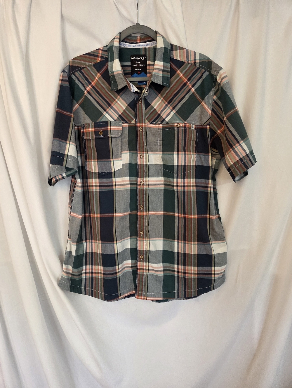 Kavu Men's Short Sleeve Plaid Button-Down Shirt - Green, Navy, Cream Size XL
